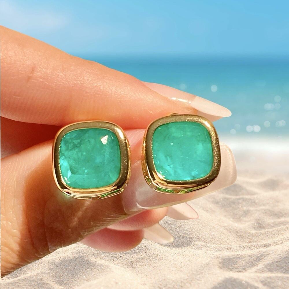 Unisex 18k Yellow Gold Vermeil, Natural Emeralds Stud Earrings